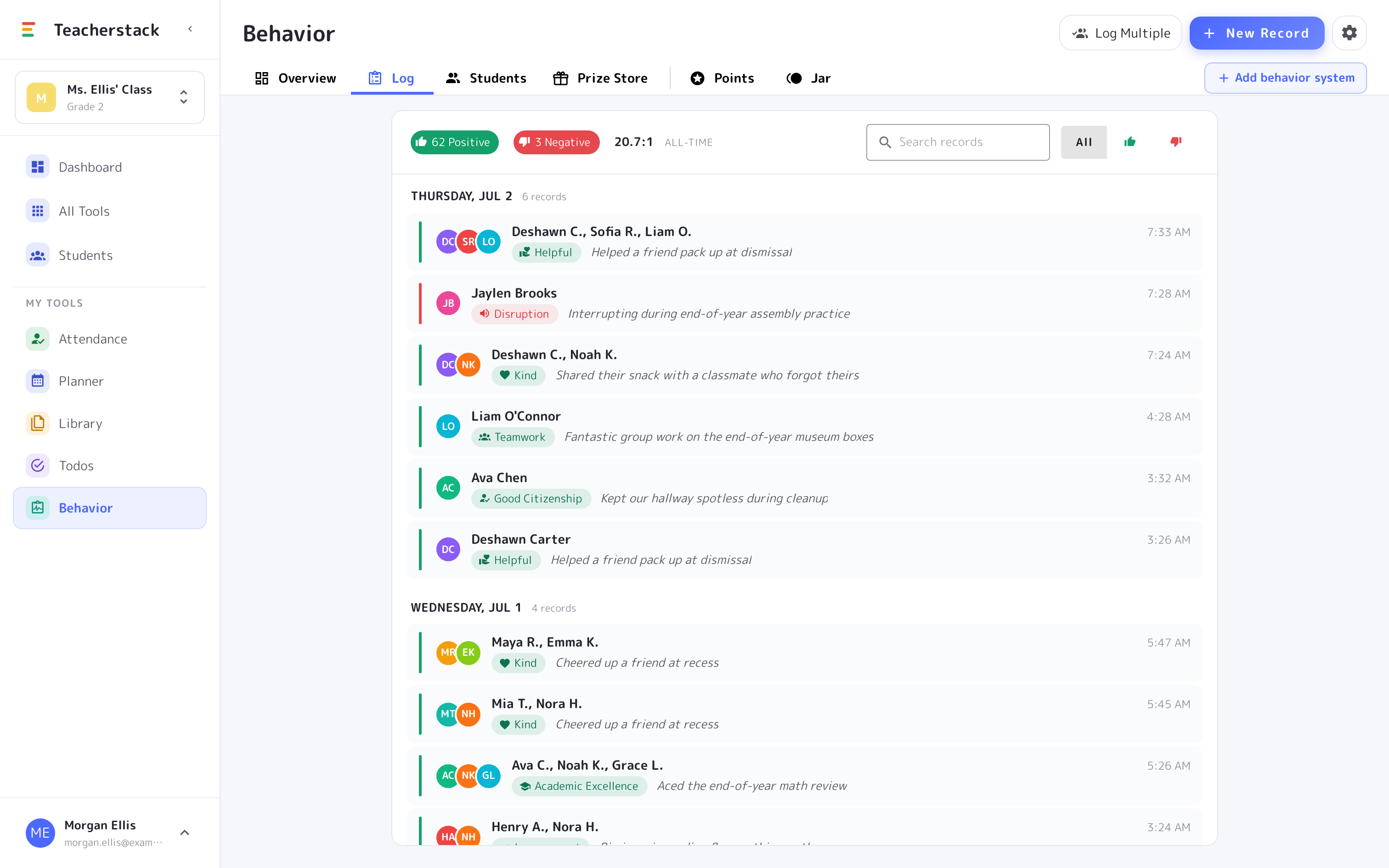 The behavior log — a timestamped record of every noted behavior