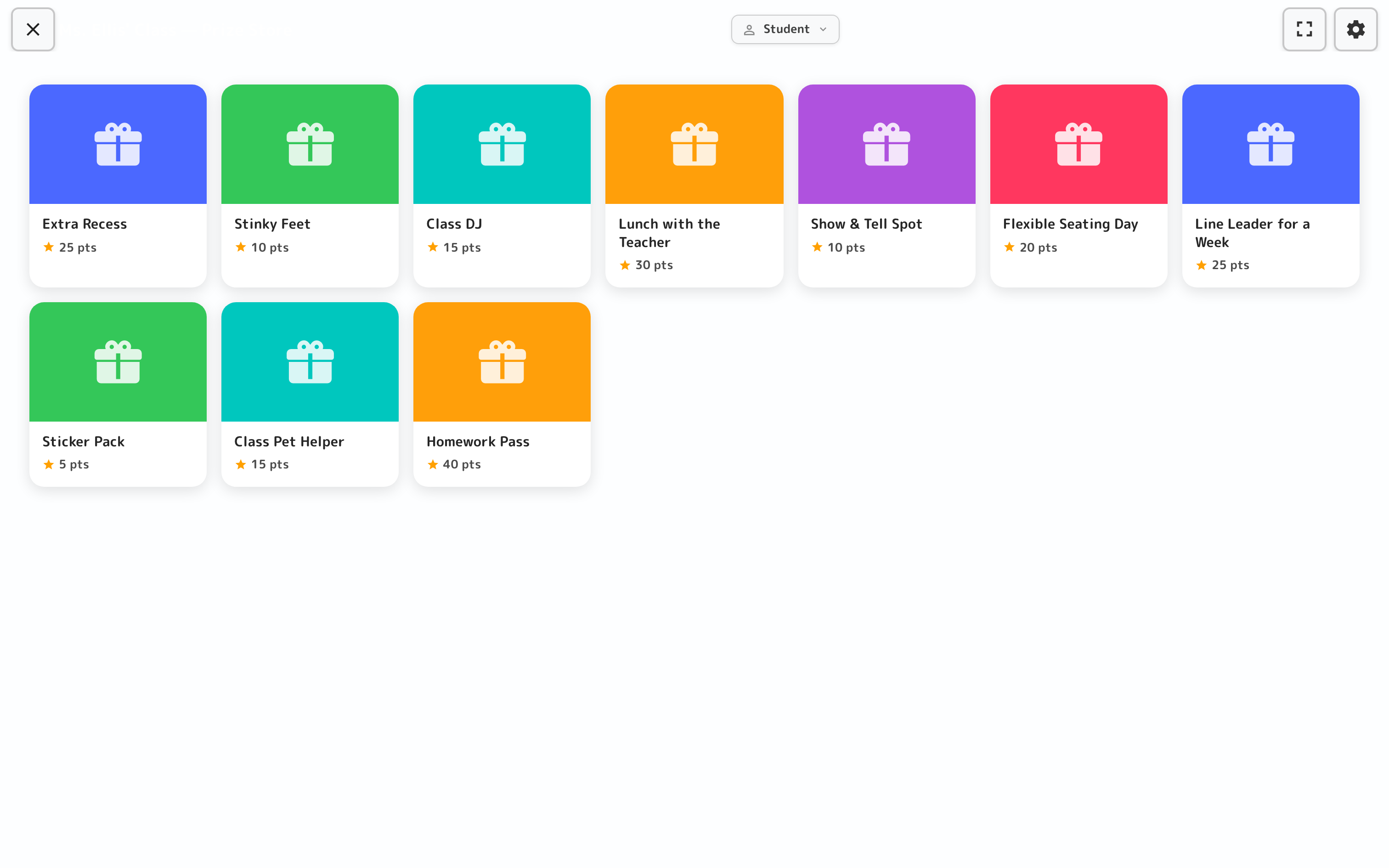 The prize store — a colorful grid of redeemable rewards