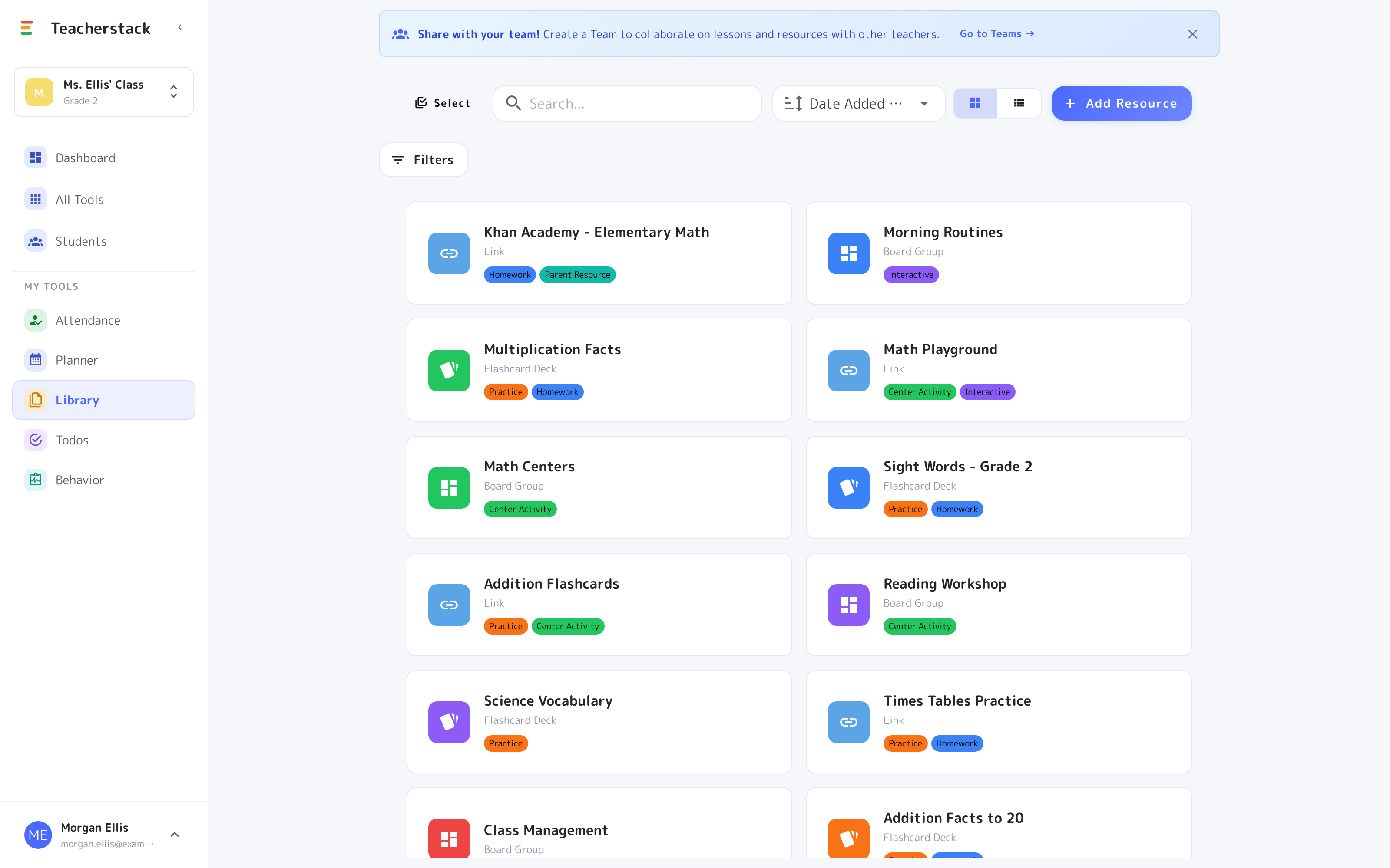 A shared team library of lessons and resources